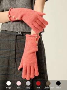 1 双新款复古纽扣点缀针织保暖手套，羊毛混纺触摸屏，适合女性，秋冬季 - 彩色 - 查看 20