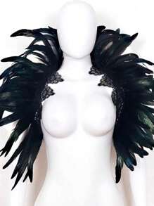 一件黑色羽毛披肩，带蕾丝领，适合参加化装舞会，可搭配手镯、项链等配饰。 - 黑色 - 查看 1