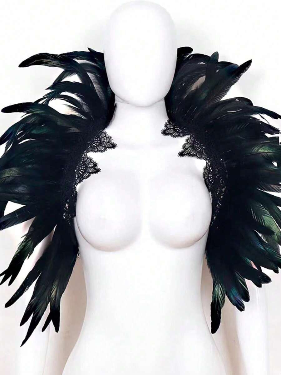 一件黑色羽毛披肩，带蕾丝领，适合参加化装舞会，可搭配手镯、项链等配饰。 - 黑色 - 查看 1