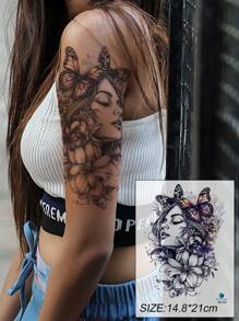 1 件装多色百合花蝴蝶女孩大臂临时防水纹身贴纸，适用于背部、手臂、腿部 - 彩色 - 查看 2