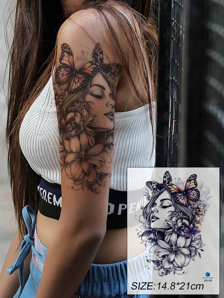 1 件装多色百合花蝴蝶女孩大臂临时防水纹身贴纸，适用于背部、手臂、腿部