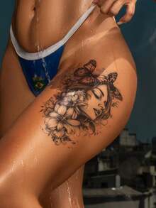 1 件装多色百合花蝴蝶女孩大臂临时防水纹身贴纸，适用于背部、手臂、腿部 - 彩色 - 查看 3