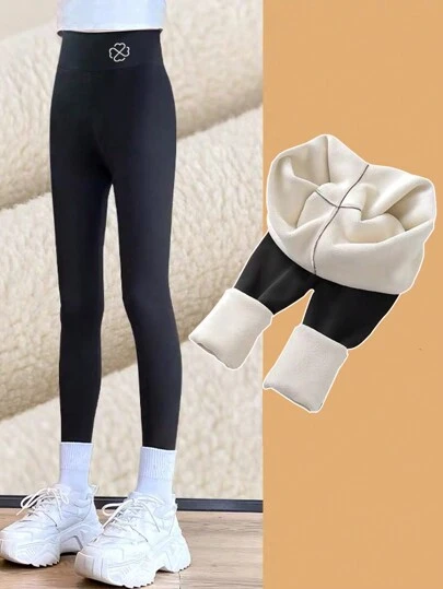 Tween Girl 纯色高腰紧身裤，带字母装饰，适合外穿，冬季