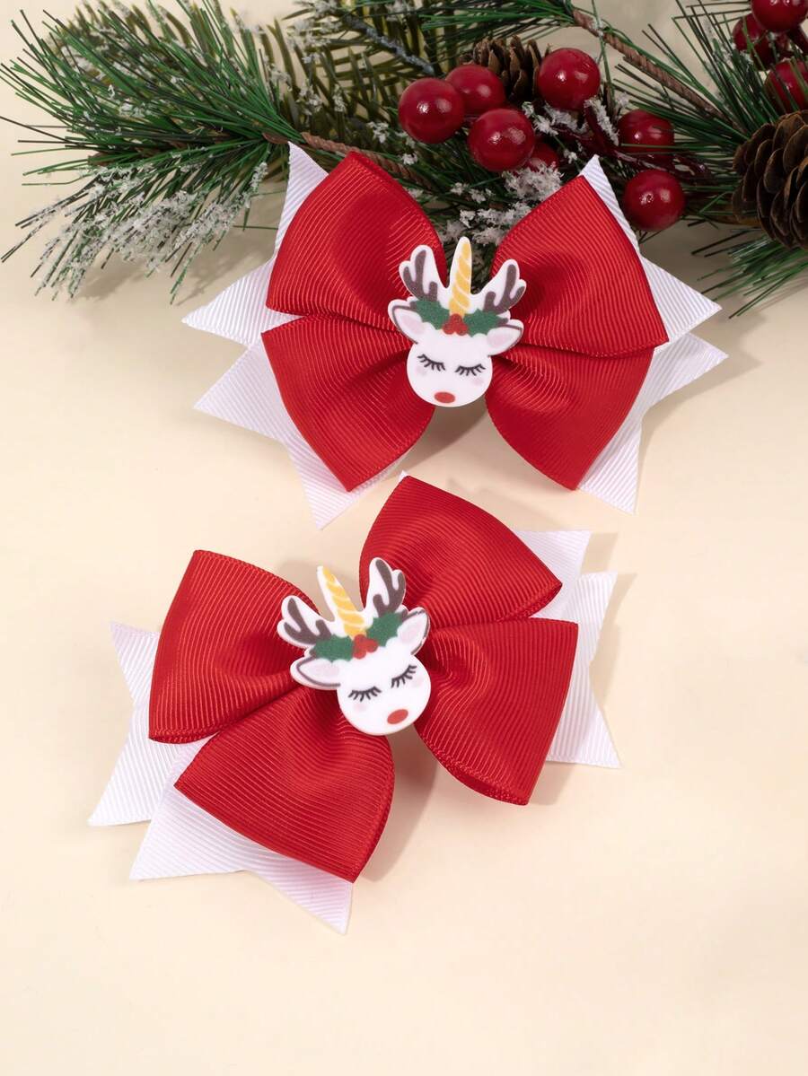 2 件装红色圣诞发饰蝴蝶结可爱装饰发夹，适合女孩 - 彩色 - 查看 1