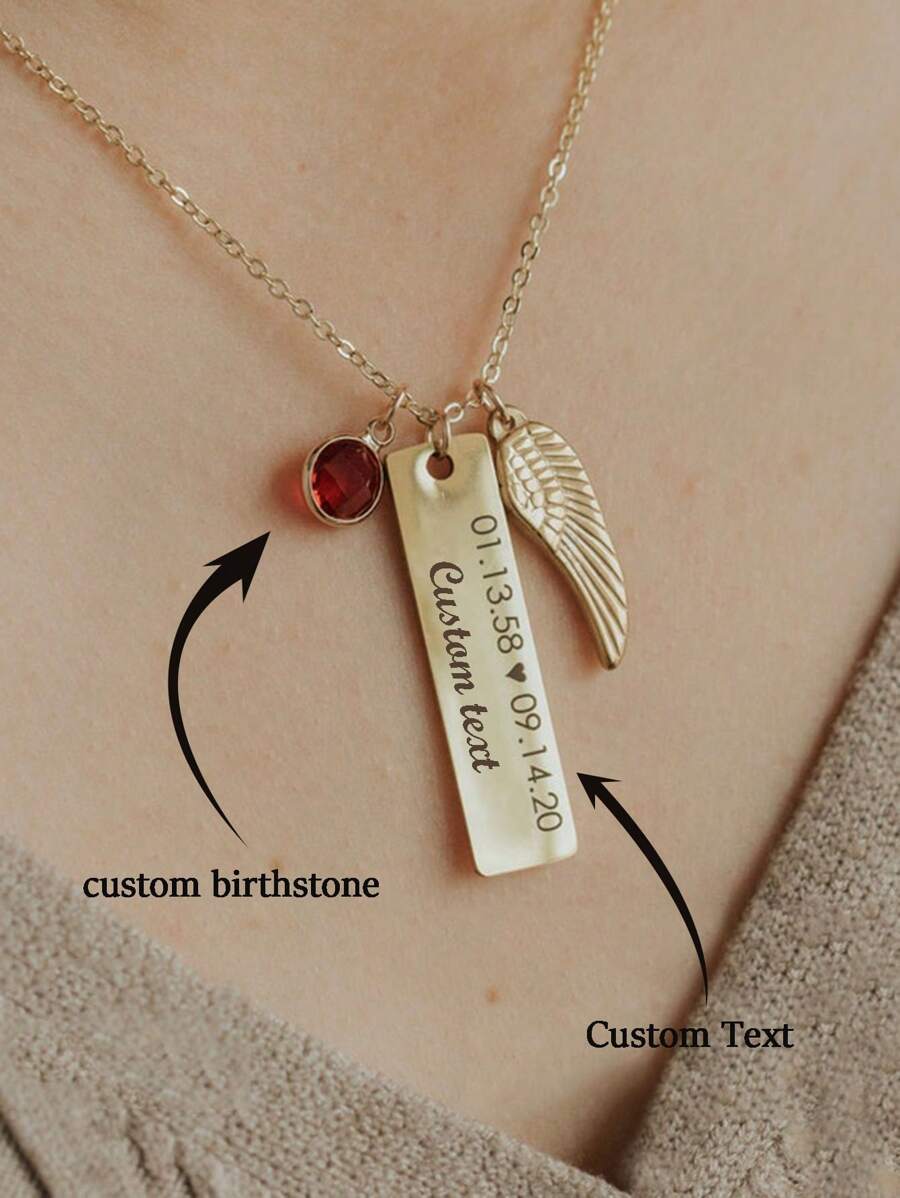 个性化项链 定制诞生石吊坠 纪念珠宝 定制镌刻日期文字吊坠项链 丧亲礼物 失去亲人 长形翅膀项链 吊坠项链 纪念礼物 送给他/她 - 金色 - 查看 1