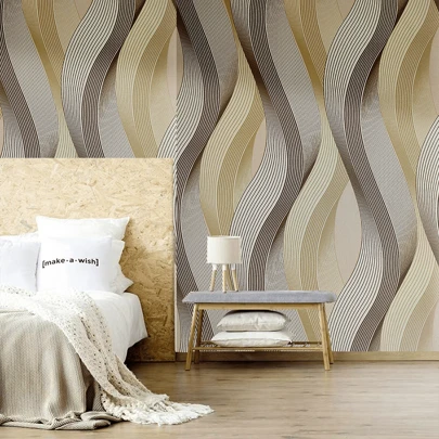 1 卷波浪条纹壁纸，金色/黑色乙烯基自粘式可移除壁纸，防水，持久，乙烯基薄膜，适用于房间、墙壁、厨房、家庭、卧室、客厅、抽屉衬里的装饰，1000 * 45 厘米/393.7 * 17.71 英寸