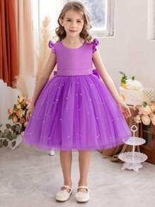 Vestido de princesa de tul con mangas de volantes para fiesta de cumpleaños, baile de graduación, ropa de diario, actuaciones musicales y representaciones escénicas - Morado - Ver 3