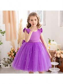 Vestido de princesa de tul con mangas de volantes para fiesta de cumpleaños, baile de graduación, ropa de diario, actuaciones musicales y representaciones escénicas - Morado - Ver 1