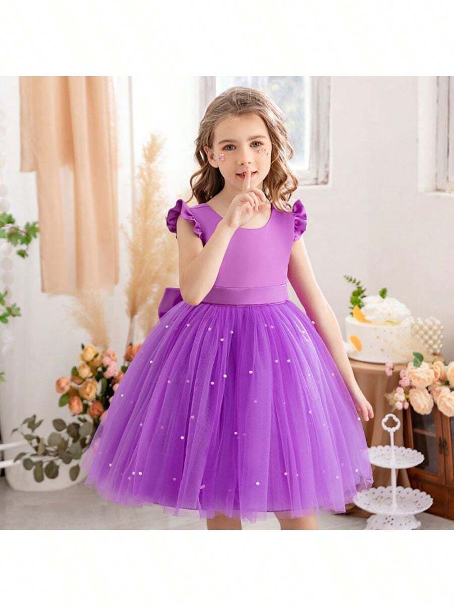 Vestido de princesa de tul con mangas de volantes para fiesta de cumpleaños, baile de graduación, ropa de diario, actuaciones musicales y representaciones escénicas - Morado - Ver 1