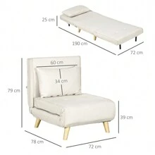 HOMCOM Divano Letto 2 Posti con Schienale Regolabile in 5 Livelli, Divano Letto Matrimoniale Pieghevole con 2 Cuscini per Soggiorno, in Tessuto Imbottito, Acciaio e Legno, 102x73x81 cm, Bianco Crema