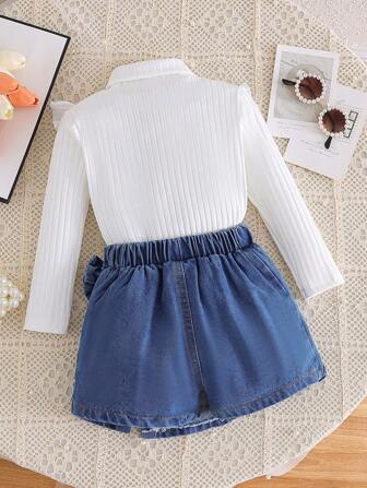 2 st Ung flicka Casual långärmad topp & jeanskortset