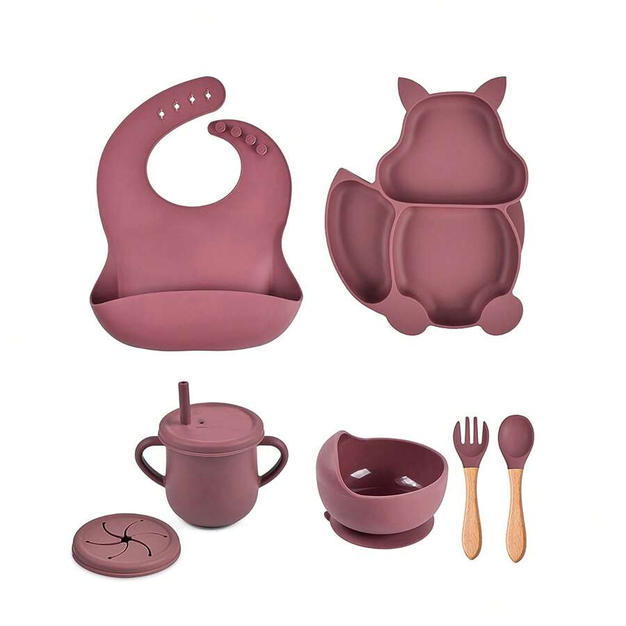 Kit 7 Baby Feeding Silicone Plate Children's Bib - A788 - 紅色 - 查看 1