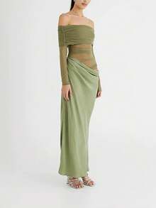 Solid Color Long Sleeve Off-Shoulder Sexy Bodycon Splice Dress - Green - View 2