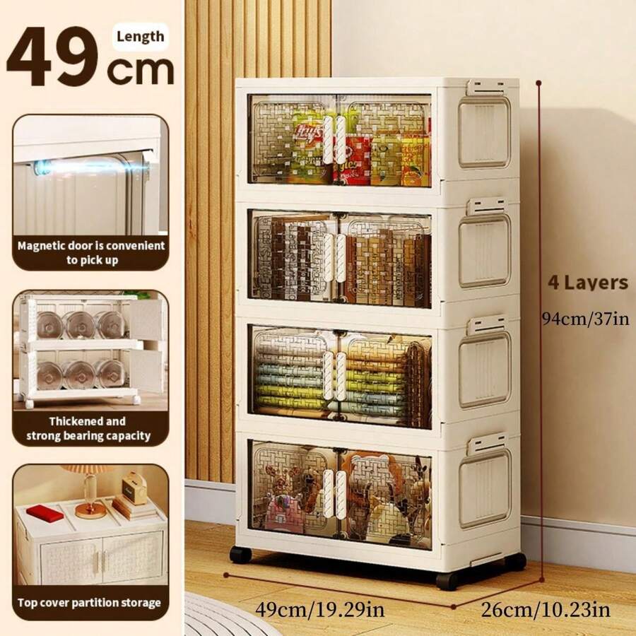 1/2/3/4 Niveles de contenedores de almacenamiento apilables de plástico con tapa y ruedas, cajas de almacenamiento plegables con puerta magnética, cajas de almacenamiento multicapa, organizador de ropa, organizador de plástico, estantería apilable, gabinete de almacenamiento de snacks, estantería de libros, organizador de dormitorio, almacenamiento doméstico, camiseta blanca de mujer, pantalones negros de mujer, ropa de invierno para señoras, vestido