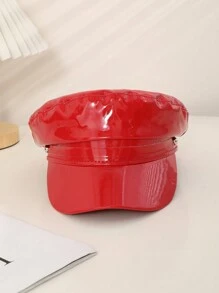 1 Stück wasserdichte Beanie-Mütze aus schwarzem und rotem Lackleder für Damen mit flacher Oberseite, schicker und ausgefallener europäischer und amerikanischer Stil, geeignet für Partys, Auftritte, Shopping und Fotografie