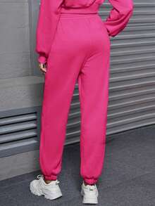New Autumn/Winter Plush Women Sweatpants, Rose Red, 1pc. Bring Love And Surprises, Y2K Style Jogger Pants - Hot Pink - View 2