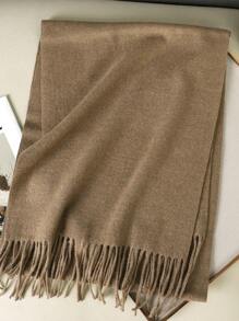 1条女士亮黄色纯色羊绒围巾，带流苏，尺寸30*180厘米，柔软披肩，适合春、夏、秋、冬四季佩戴。 - 深卡其色 - 查看 5