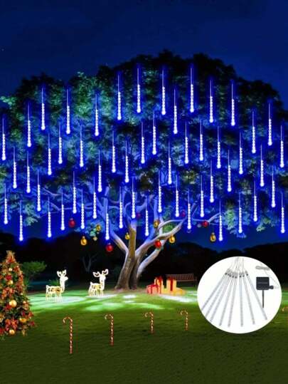10pcs/Set Or 8pcs/Set Solar Powered LED Meteor Shower Lights, Waterproof Falling Icicle String Lights For Indoor/Outdoor Garden Yard Lawn Christmas/Halloween/New Year Decoration
