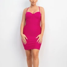 Plain Fitted Dress With Sweetheart Neckline - 玫紅色 - 查看 4