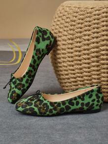 Women Fashion Flat Vintage Square Toe Leopard Print Red, Brown, Gray Casual Flats With Bow Decor Valentines
