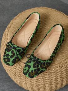 Women Fashion Flat Vintage Square Toe Leopard Print Red, Brown, Gray Casual Flats With Bow Decor Valentines