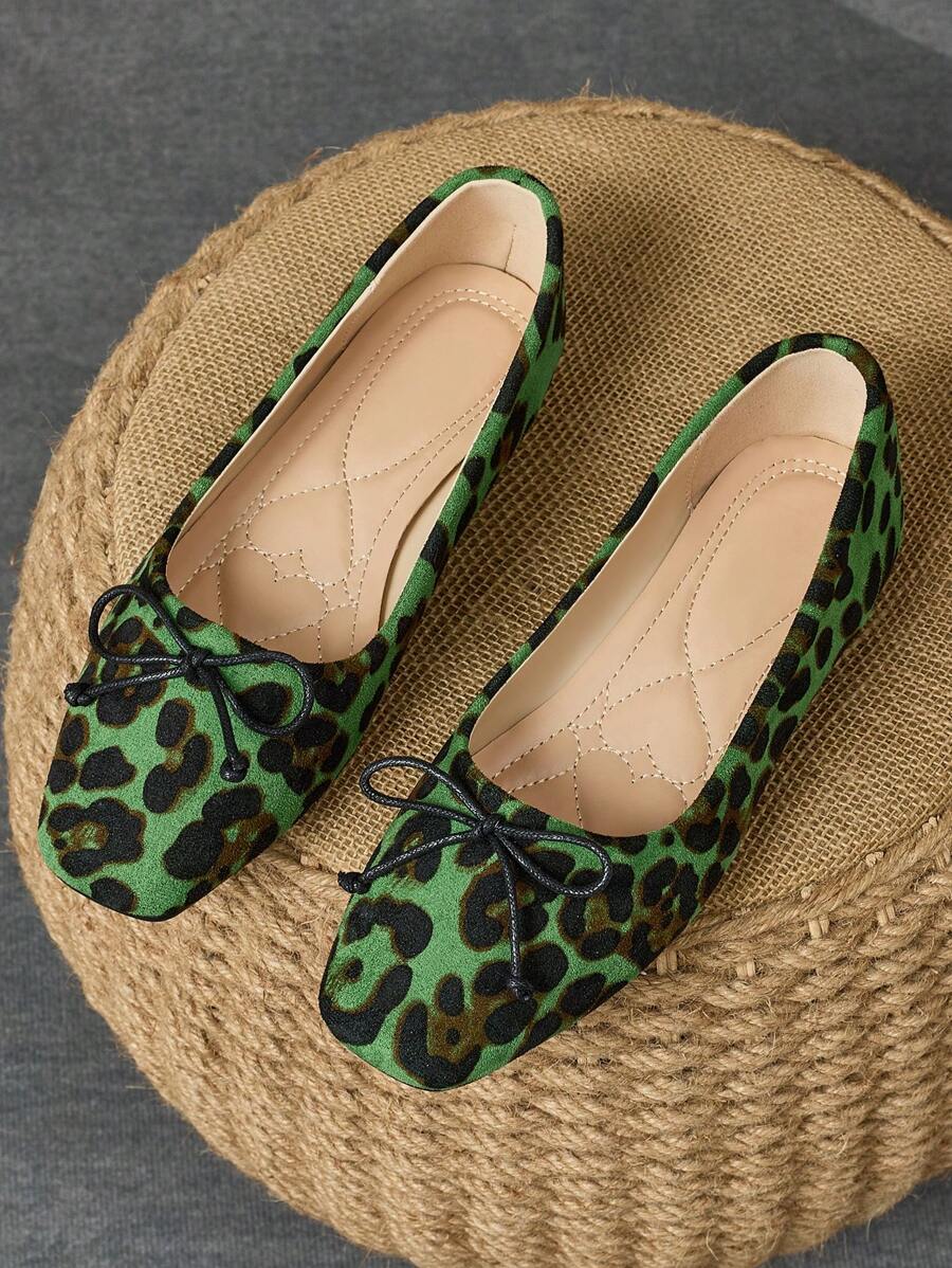 Women Fashion Flat Vintage Square Toe Leopard Print Red, Brown, Gray Casual Flats With Bow Decor Valentines