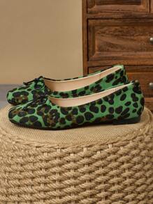 Women Fashion Flat Vintage Square Toe Leopard Print Red, Brown, Gray Casual Flats With Bow Decor Valentines