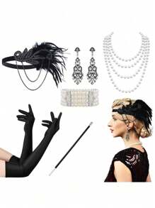 D EXCEED 6 件 20 世纪 20 年代女式飞来波女郎了不起的盖茨比配饰套装咆哮的 20 年代主题复古时尚派对查尔斯顿化装舞会万圣节装饰礼物化妆舞会角色扮演带人造羽毛头带舞会 - 多色 - 查看 29