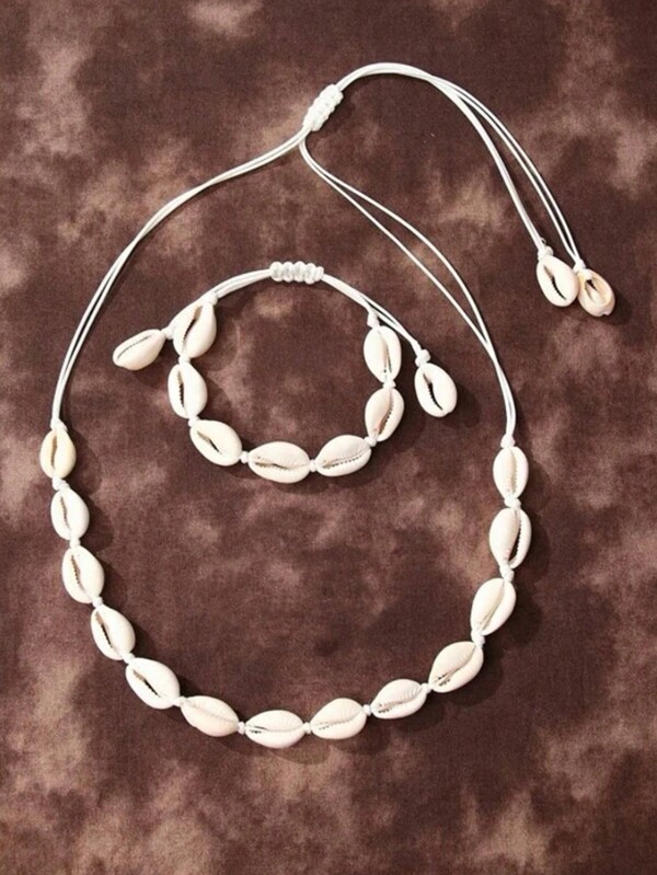 Conjunto de 2 piezas de collar y pulsera con decoración de concha, adecuado como accesorio diario para mujeres