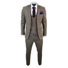 Mens 3 Piece Tan Herringbone Tweed Check Suit