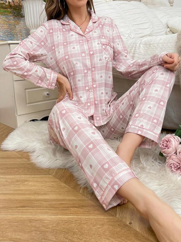 Set de 2 piezas de pijama con estampado de cuadros rosas y blancos con forma de corazón, de manga larga para mujer