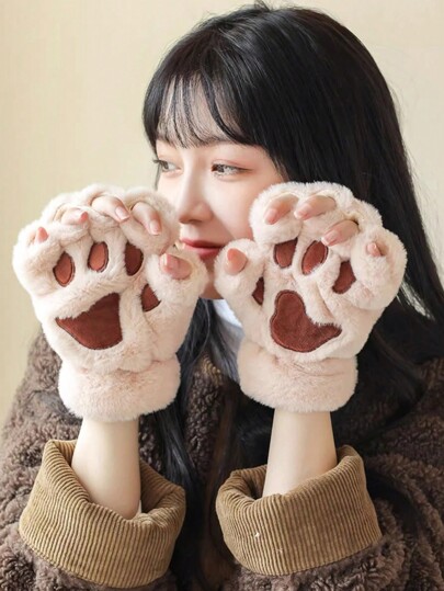 1双可爱猫爪露指手套，厚实保暖防寒毛绒手套，适合冬季女生日常使用，带绳