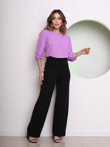 Women's Blouse Tailored Simplicity Elegant Social Basic Crepe 3/4 Sleeve Princess Tamires - 淡紫色 - 查看 4