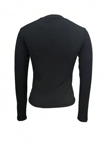 Basic Round Neck Long Sleeve T-Shirt, Solid Color, Suitable For Autumn And Winter, - Black - View 3