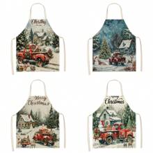 1pc Christmas Truck & Tree 3D Pattern Linen Apron For Home Cooking, Kitchen Wear, And Cooking Enthusiasts - Multicolor - View 1