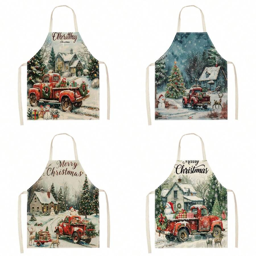 1pc Christmas Truck & Tree 3D Pattern Linen Apron For Home Cooking, Kitchen Wear, And Cooking Enthusiasts - Multicolor - View 1