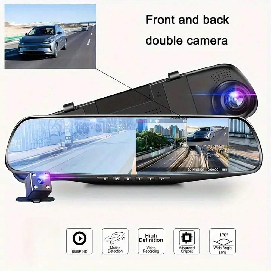 4.3IN Car Rearview Mirror Camera With 1080P Dual Lens, HD Night Vision Recording, Automatic Recording Memory, Push Button - 黑色 - 查看 1