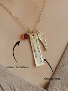 个性化项链 定制诞生石吊坠 纪念珠宝 定制镌刻日期文字吊坠项链 丧亲礼物 失去亲人 长形翅膀项链 吊坠项链 纪念礼物 送给他/她 - 金色 - 查看 2