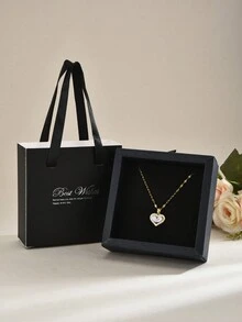 1 件礼盒装奢华不锈钢方晶锆石心形吊坠项链女士 - 金黃色 - 查看 14