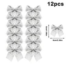 12pcs Red /Gold /Silver Christmas Bows Hanging Decorations Bowknot Christmas Tree Ornaments New Year Xmas Party Gift Decor Non-Woven Lightweight Ornaments Birthday