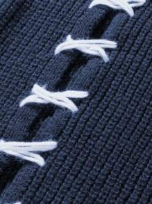 ANDREILEEANDREILEE Men's Street Fashion Design Handmade Lace-Up Hem & Cuff Distressed Fringe Black Minimalist Casual Loose Fit Pullover Knit Sweater, Suitable For Spring, Autumn, Winter - Blue - View 5