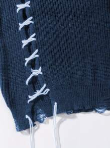 ANDREILEEANDREILEE Men's Street Fashion Design Handmade Lace-Up Hem & Cuff Distressed Fringe Black Minimalist Casual Loose Fit Pullover Knit Sweater, Suitable For Spring, Autumn, Winter - Blue - View 6