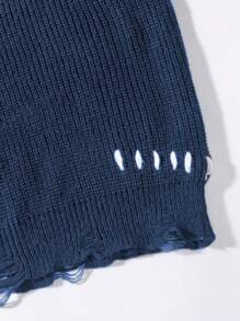 ANDREILEEANDREILEE Men's Street Fashion Design Handmade Lace-Up Hem & Cuff Distressed Fringe Black Minimalist Casual Loose Fit Pullover Knit Sweater, Suitable For Spring, Autumn, Winter - Blue - View 4