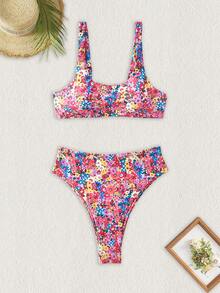 全新花卉软垫可调节肩带泳装清新比基尼套装，女士夏季海滩时尚 - 彩色 - 查看 3