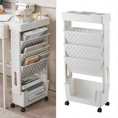 AYYDS Mobile Bookshelf, Removable Movable Unique Bookcase, Rolling Storage Cart, Table Side Storage Basket, 5 Layer Magazine Rack