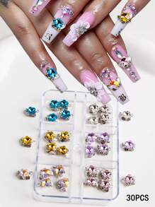 6 格 30 件花朵水钻指甲装饰，可满足您日常的指甲造型需求，欧美奢华铜镶嵌锆石指甲配件，简约百搭的金属闪光水钻指甲贴花，DIY 美甲装饰，时尚、简约、百搭的 Y2K 金属质感，水钻假指甲装饰，指甲首饰，美甲用品 - 彩色 - 查看 1