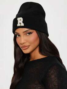 1 件男女通用秋冬弹力针织无檐便帽，时尚街头嘻哈帽，带 26 个字母刺绣标志，Y2K 风格保暖袖口帽 - 黑色 - 查看 23