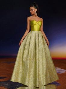 Anymoon 褶皱胸围提花长款晚礼服优雅正式舞会婚礼宾客礼服，适合毕业典礼、晚宴