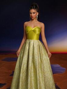 Anymoon 褶皱胸围提花长款晚礼服优雅正式舞会婚礼宾客礼服，适合毕业典礼、晚宴