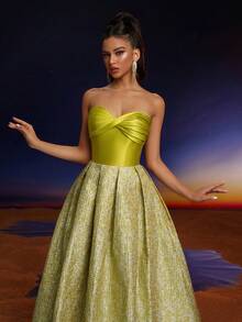 Anymoon 褶皱胸围提花长款晚礼服优雅正式舞会婚礼宾客礼服，适合毕业典礼、晚宴